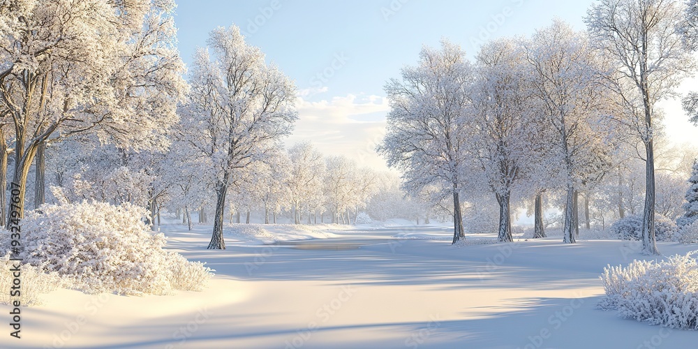 A serene winter landscape with snow-covered trees in soft white and grey tones, under a clear, pale blue sky, with gentle shadows creating a sense of calm and quiet.