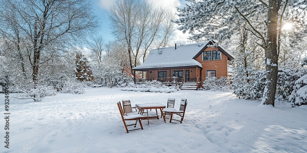Back yard of house, trees and standing outdoor furniture covered in snow. Snowy winter day, cold weather season Back yard of house, trees and standing outdoor furniture covered in snow. Snowy winter day, cold weather season