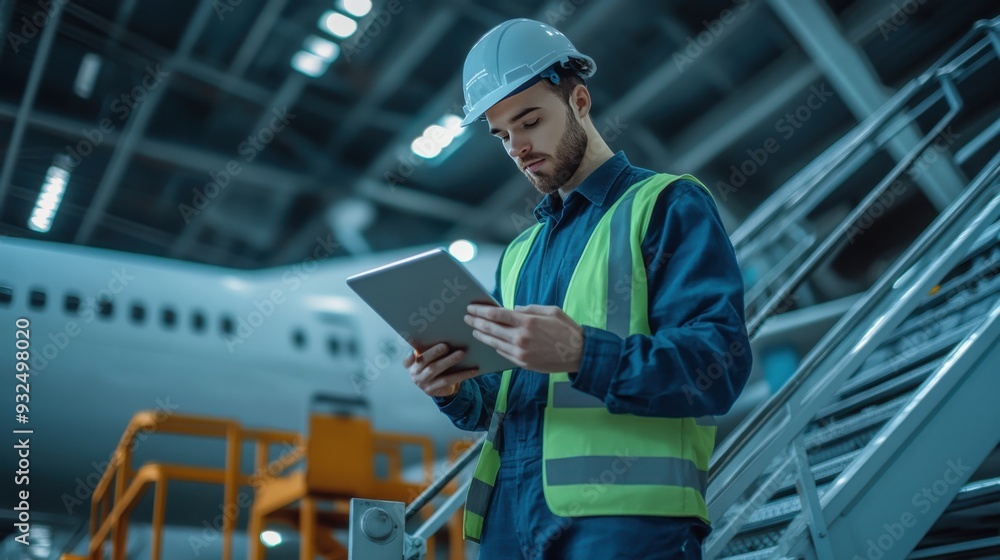 Engineer using digital tablet while standing in front of airplane engine in factory Engineer using digital tablet while standing in front of airplane engine in factory