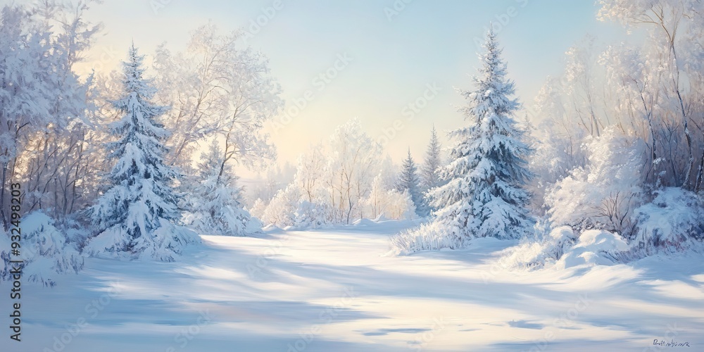 A serene winter landscape with snow-covered trees in soft white and grey tones, under a clear, pale blue sky, with gentle shadows creating a sense of calm and quiet. A serene winter landscape with snow-covered trees in soft white and grey tones, under a clear, pale blue sky, with gentle shadows creating a sense of calm and quiet.