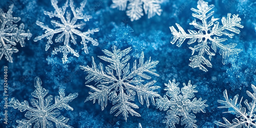 Close-up of intricate snowflake patterns on a blue background, great for winter or cold weather-themed designs Close-up of intricate snowflake patterns on a blue background, great for winter or cold weather-themed designs