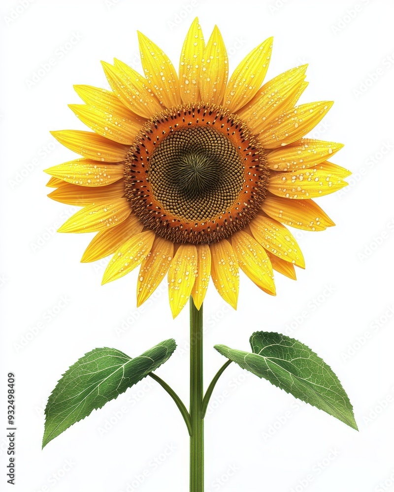 Obraz premium A hyperrealistic 3D render of a sunflower with droplets of water, vibrant and fresh, isolated on white background