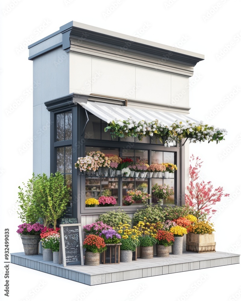 Naklejka premium A hyperrealistic 3D render of a flower shops exterior, with flowers displayed outside, isolated on white background