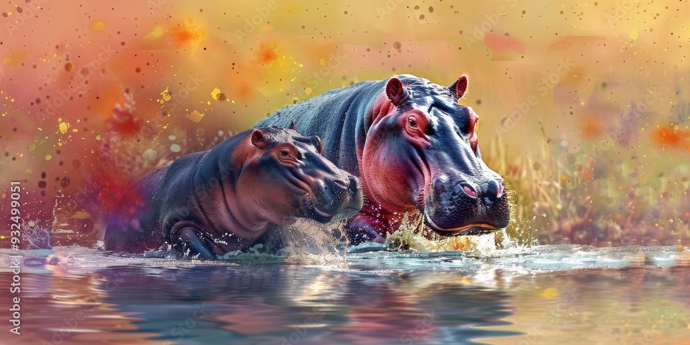 Hippopotamus chasing another in a shallow waterway. Hippopotamus chasing another in a shallow waterway.