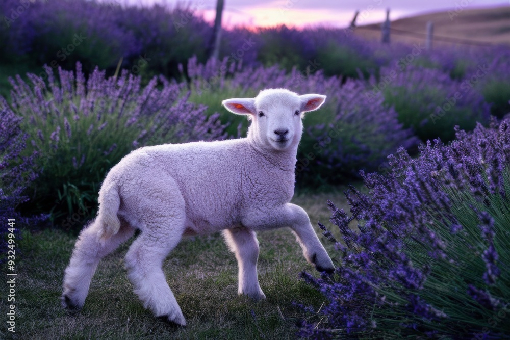 Obraz premium Lamb in Lavender Field at Sunset
