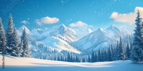 Majestic winter background with a mountain range covered in snow, deep blue sky, and pine trees