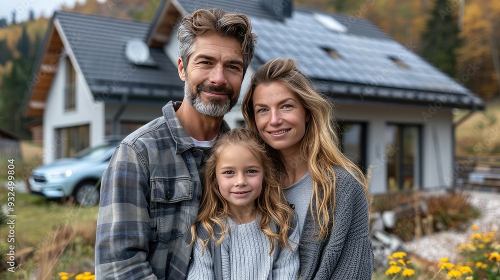 family with electric car standing in front their house with solar panels on roof solar energy,sustainable lifestyle of young family concept of green energy,sustainable future for next family with electric car standing in front their house with solar panels on roof solar energy,sustainable lifestyle of young family concept of green energy,sustainable future for next