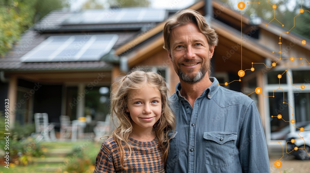 family with little girl standing in front of their house with solar panels on the roof having electric car family with little girl standing in front of their house with solar panels on the roof having electric car