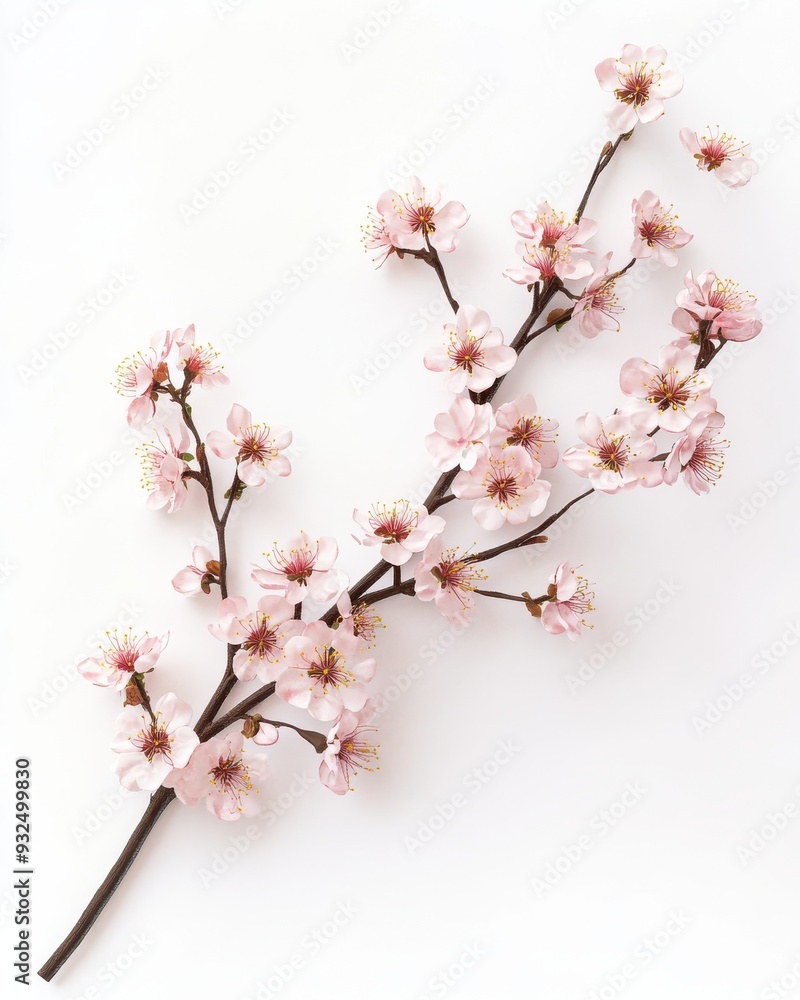 Fototapeta premium A delicate cherry blossom branch with soft pink flowers, realistic 3D render, isolated on white background