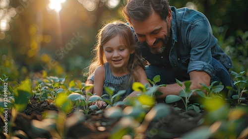 fater,girl working together in garden planting seedlings spending time togeter have shared hobby fatherhood,father day concept photo