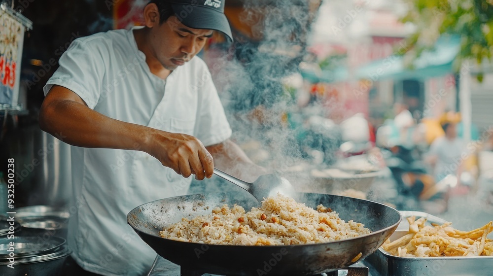 Chef Stirring Fried Rice in a Busy Street Food Stall Chef Stirring Fried Rice in a Busy Street Food Stall