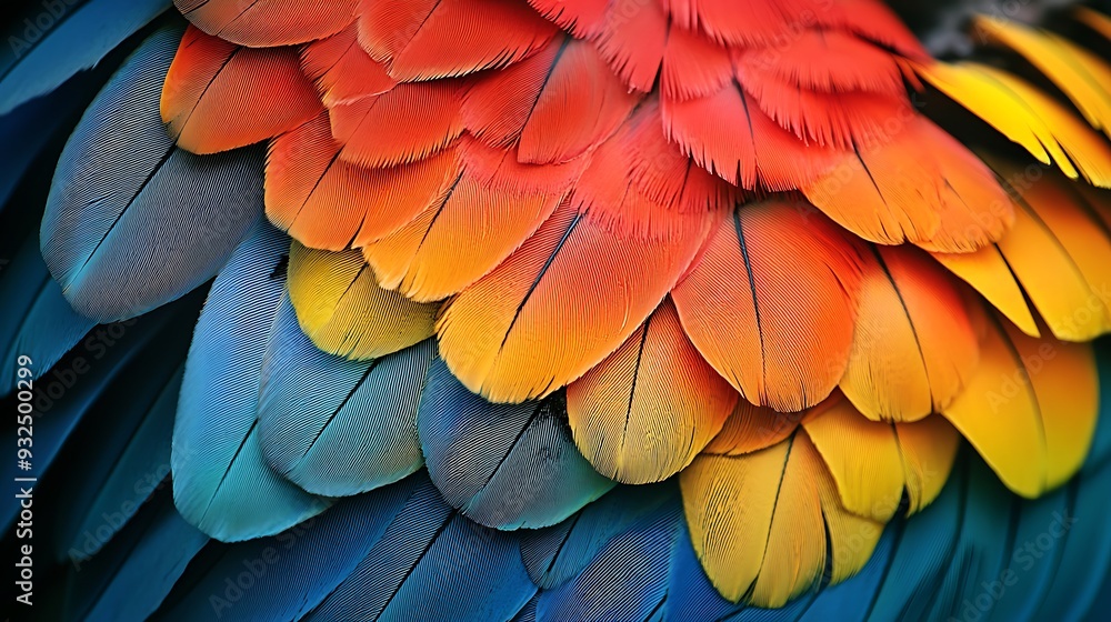 Obraz premium Vibrant Parrot Feathers: Close-Up Texture of a Colorful Bird Wing