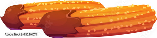 Cartoon churros confectionery and sweet pastry. Vector popular Spanish and Latin American dessert made from fried dough and coated in cinnamon sugar, dipped in chocolate sauce. Delicious crispy treat
