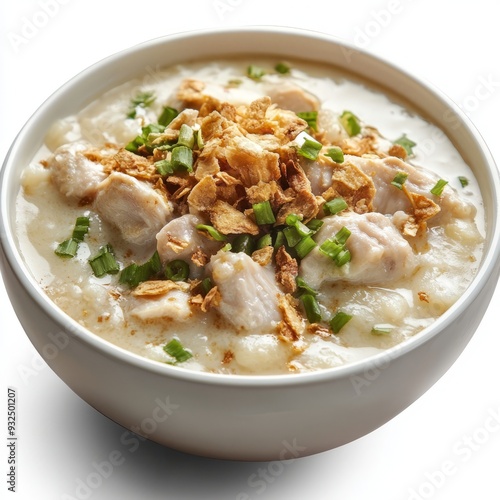 Close up of indonesian food, bubur ayam, on an isolated white background