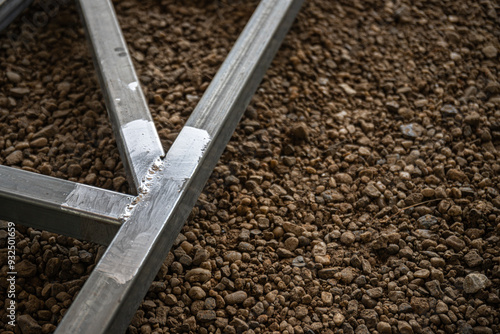 A metal structure with a triangular shape is sitting on a dirt field.