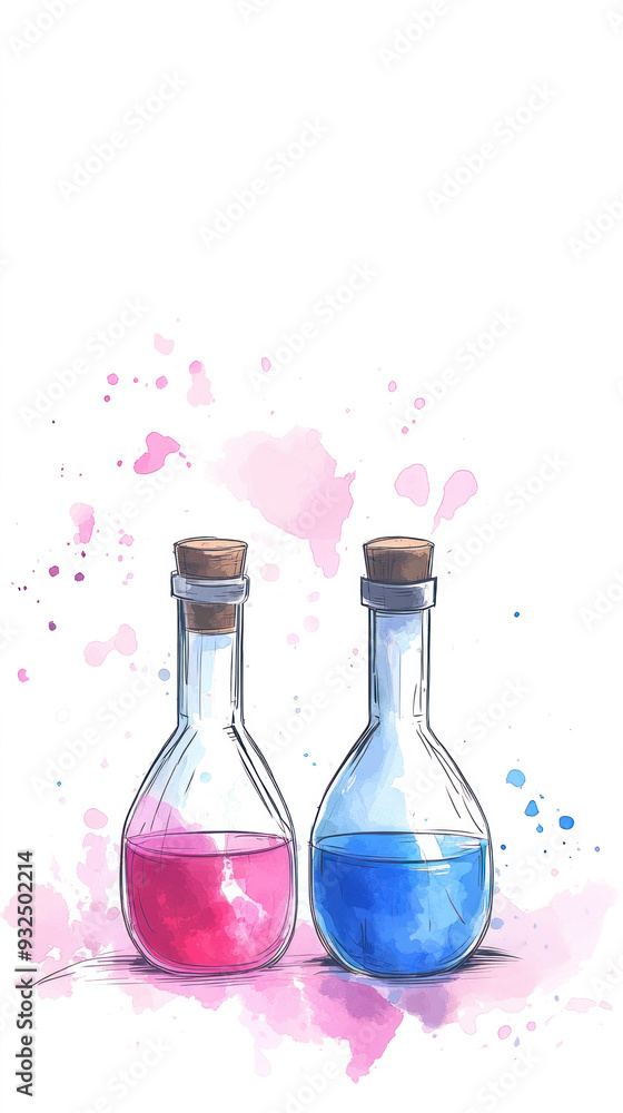 Two bottles of liquid with a pink and blue color. The pink bottle is on the left and the blue bottle is on the right Two bottles of liquid with a pink and blue color. The pink bottle is on the left and the blue bottle is on the right