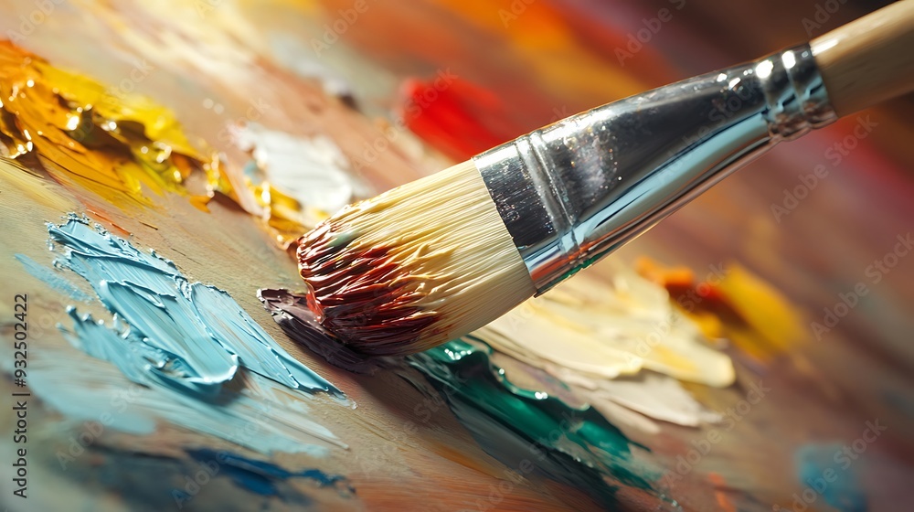Fototapeta premium Close-up of a paintbrush dipped in red paint on an artist's palette.
