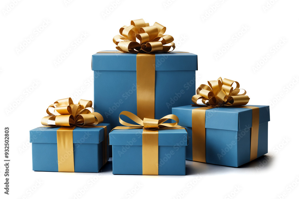 Obraz premium blue golden Christmas presents, gift boxes as Christmas gifts, 4 four, isolated, ground-shadow, front-view