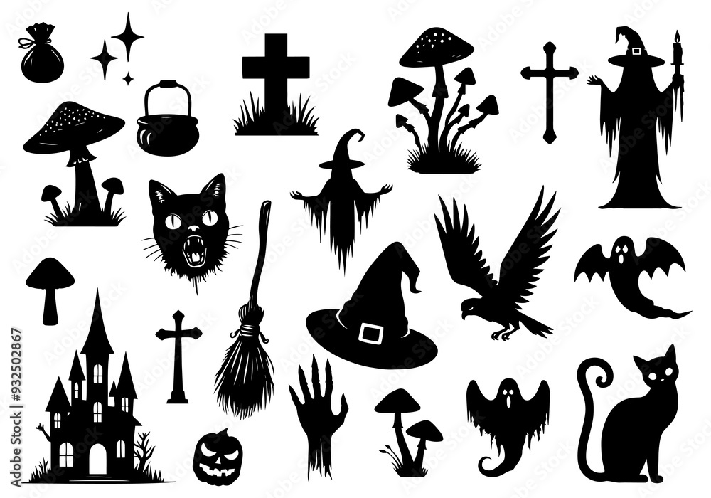 Vector illustration. Giant set of black silhouettes for Halloween. Vector illustration. Giant set of black silhouettes for Halloween.