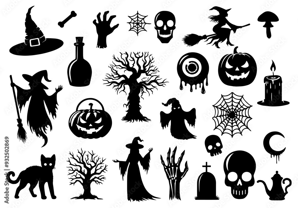 Vector illustration. Giant set of black silhouettes for Halloween. Vector illustration. Giant set of black silhouettes for Halloween.