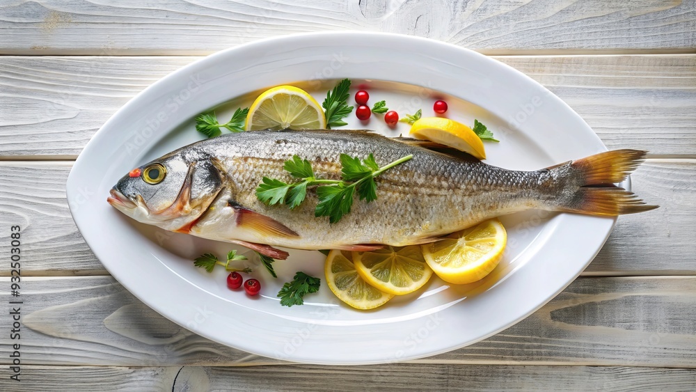 Freshly cooked fish served on a white plate, seafood, meal, dinner, gourmet, delicious, cuisine, culinary Freshly cooked fish served on a white plate, seafood, meal, dinner, gourmet, delicious, cuisine, culinary
