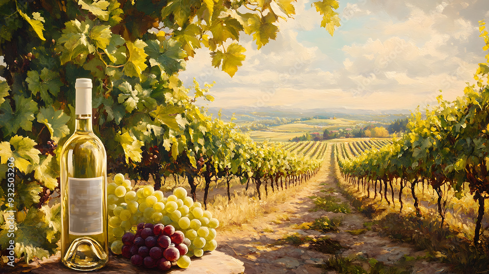 Fototapeta premium A picturesque vineyard with rows of grapevines stretching into the distance.