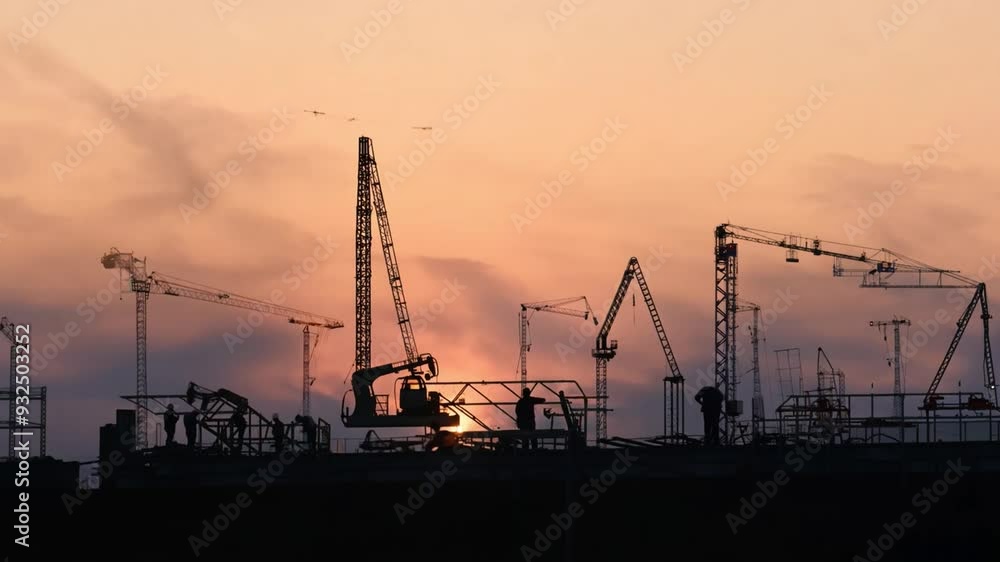 A construction site at dusk, with a construction worker silhouette against the twilight sky adding atmosphere, and an architect and civil engineer talking about the specifics of the project A construction site at dusk, with a construction worker silhouette against the twilight sky adding atmosphere, and an architect and civil engineer talking about the specifics of the project