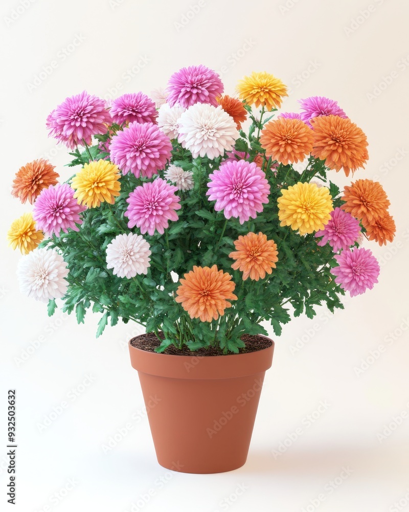 Obraz premium A hyperrealistic 3D render of a potted chrysanthemum, full of vibrant blooms, isolated on white background