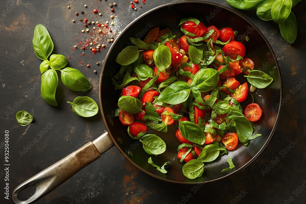 Fresh basil leaves and cherry tomatoes in a pan on a rustic background Fresh basil leaves and cherry tomatoes in a pan on a rustic background