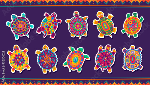 Mexican turtle stickers. Vector set of bright Mayan and Aztec tortoise animal totems with ethnic ornamental patterns. Cartoon reptile patches in funny alebrije style, turtles with Mexico folk motifs