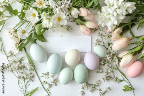 Spring equinox flat lay pastel eggs, fresh flowers, and seasonal celebration card