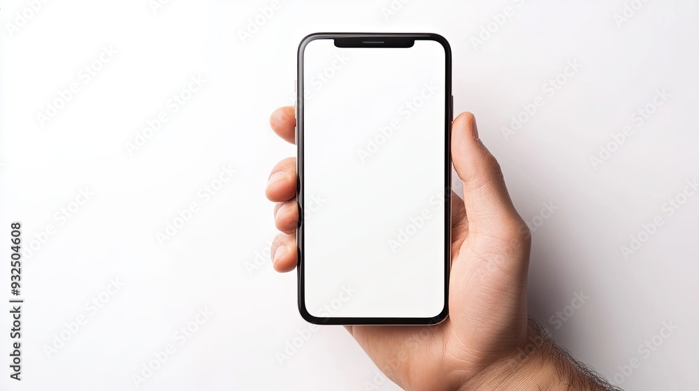 Palm presenting device with white screen upright on plain backdrop mockup Palm presenting device with white screen upright on plain backdrop mockup