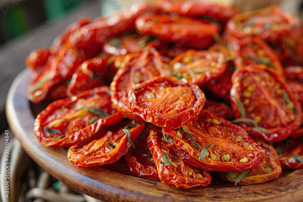 Sun-dried tomatoes with spices and herbs in a plate Sun-dried tomatoes with spices and herbs in a plate