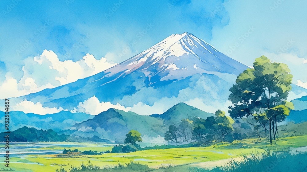 Fototapeta premium 美しい富士山の水彩風景画9