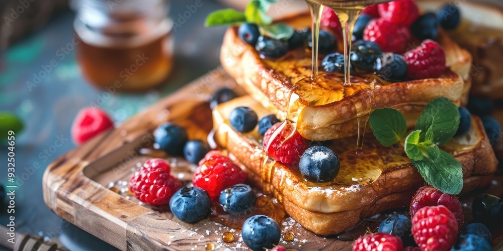Fototapeta premium Tempting French Toast with Honey and Fresh Berries Tasty Toasts with Maple Syrup and Blueberries