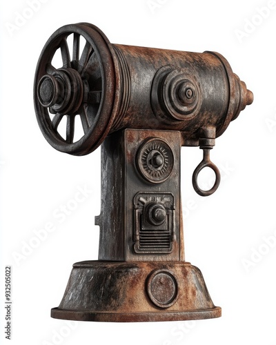 A detailed 3D render of a meat grinder, oldfashioned design, metal texture, isolated on white background