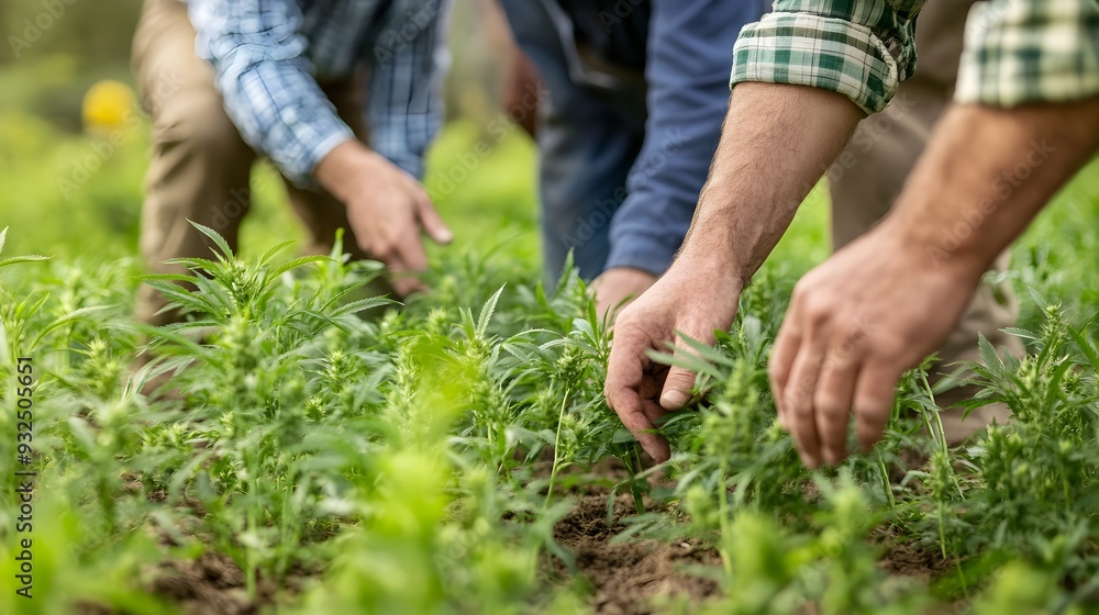 Fototapeta premium Farmers carefully examining and evaluating the of hemp plants growing in a lush rural agricultural field