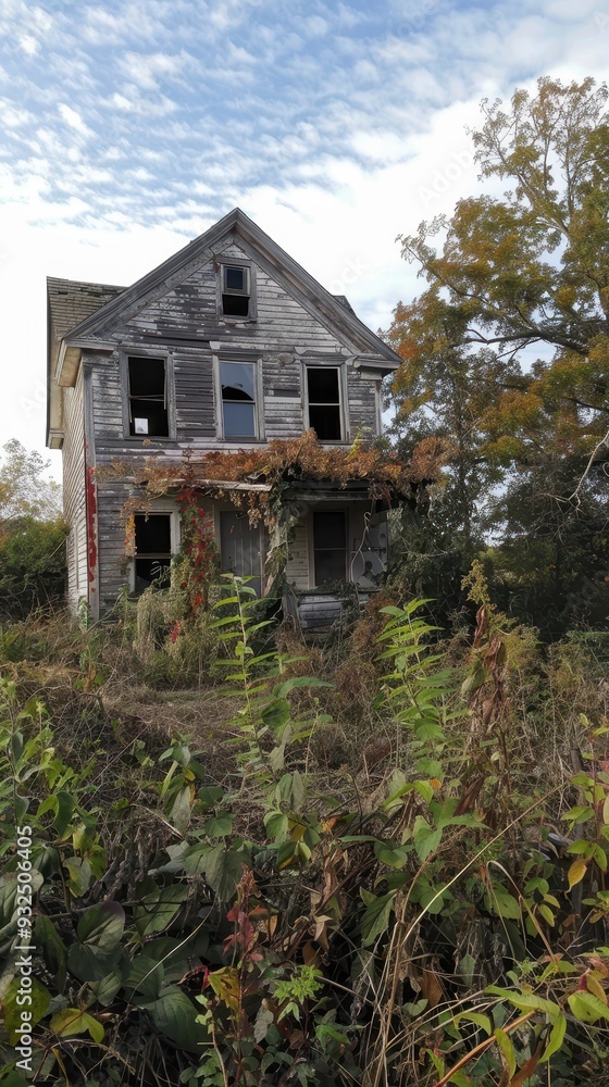 A dilapidated house stands neglected, its windows empty, and vines creeping over its weathered facade amidst wild vegetation A dilapidated house stands neglected, its windows empty, and vines creeping over its weathered facade amidst wild vegetation