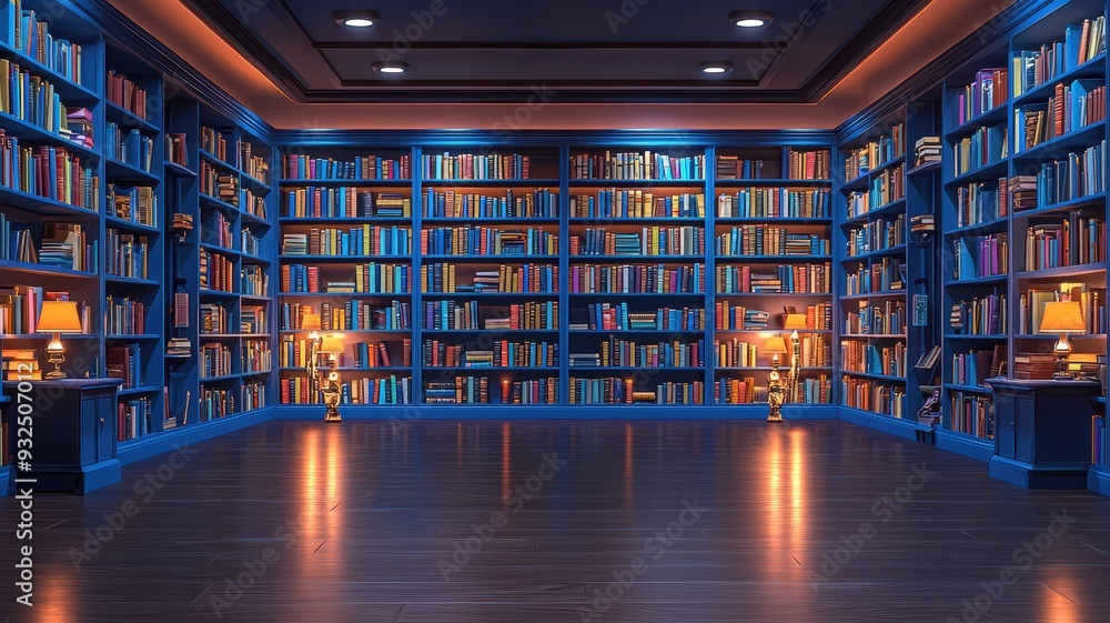 A cozy blue library with shelves filled with books, creating a warm and inviting atmosphere for reading and relaxation. A cozy blue library with shelves filled with books, creating a warm and inviting atmosphere for reading and relaxation.