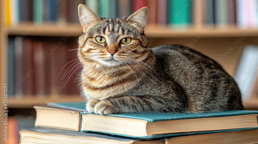 A cozy tabby cat rests on a stack of books, surrounded by a library ambiance, exuding charm and tranquility. A cozy tabby cat rests on a stack of books, surrounded by a library ambiance, exuding charm and tranquility.