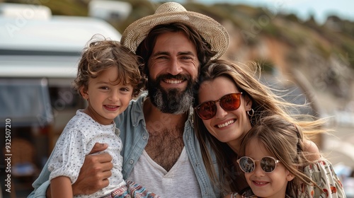 happy young family with two children ltaking selfie with caravan at background outdoors photo