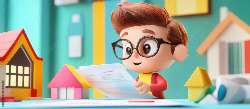 3D cartoon character examining colorful house models and playful business papers including contracts and lease agreements 3D cartoon character examining colorful house models and playful business papers including contracts and lease agreements
