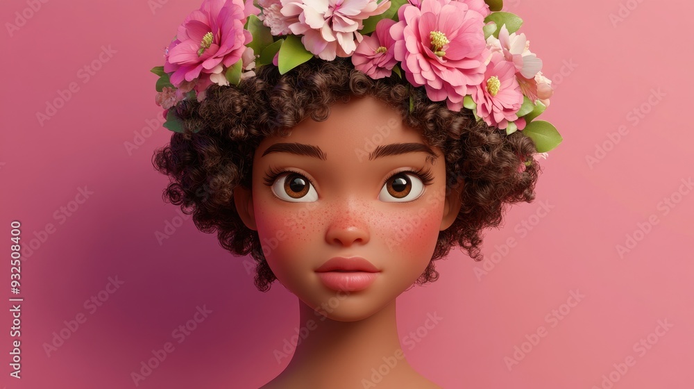 Naklejka premium 3D Cartoon Character of a Gorgeous Young Woman with Flawless Skin Curly Hair and a Flower Crown against a Pink Background Floral Wreath in Spring Summer Fashion Lifestyle Themes