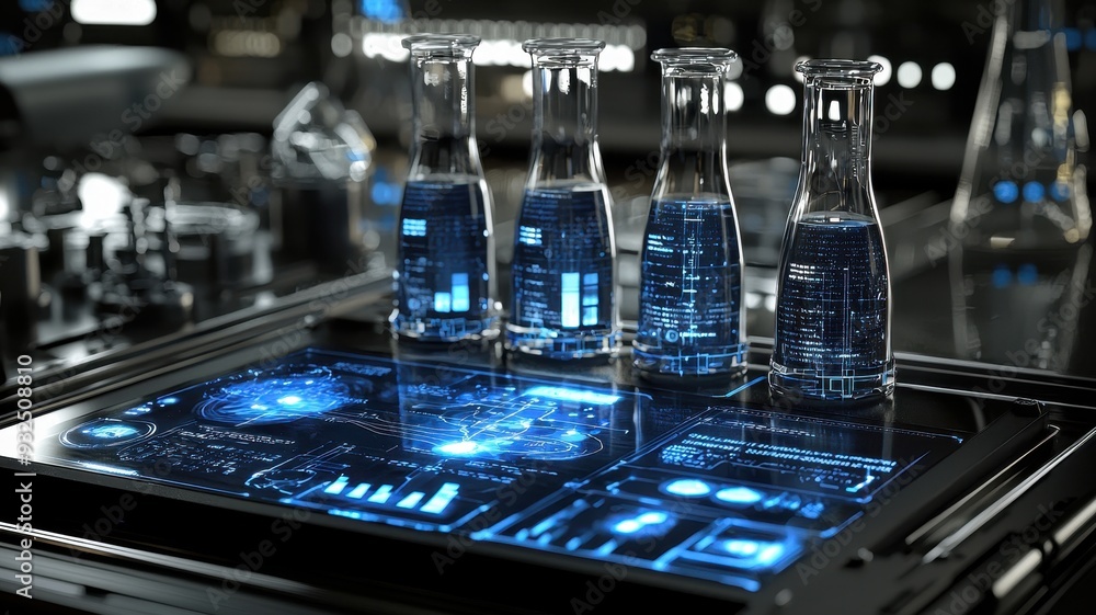 Futuristic laboratory scene featuring flasks with blue liquid and advanced technology interface in a sci-fi environment. Futuristic laboratory scene featuring flasks with blue liquid and advanced technology interface in a sci-fi environment.