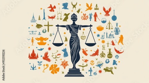 A visual representation of social justice, with scales of justice balanced by diverse hands, surrounded by symbols of peace, love, and equality 