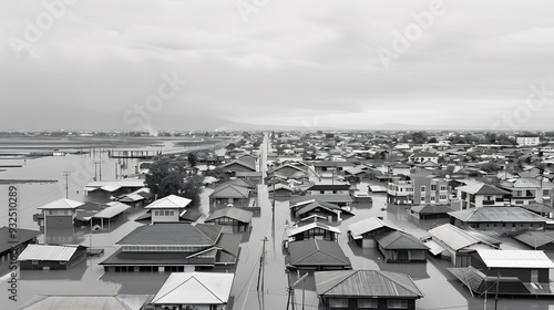 Black and white image of a city submerged by flash floods caused by climate change photo