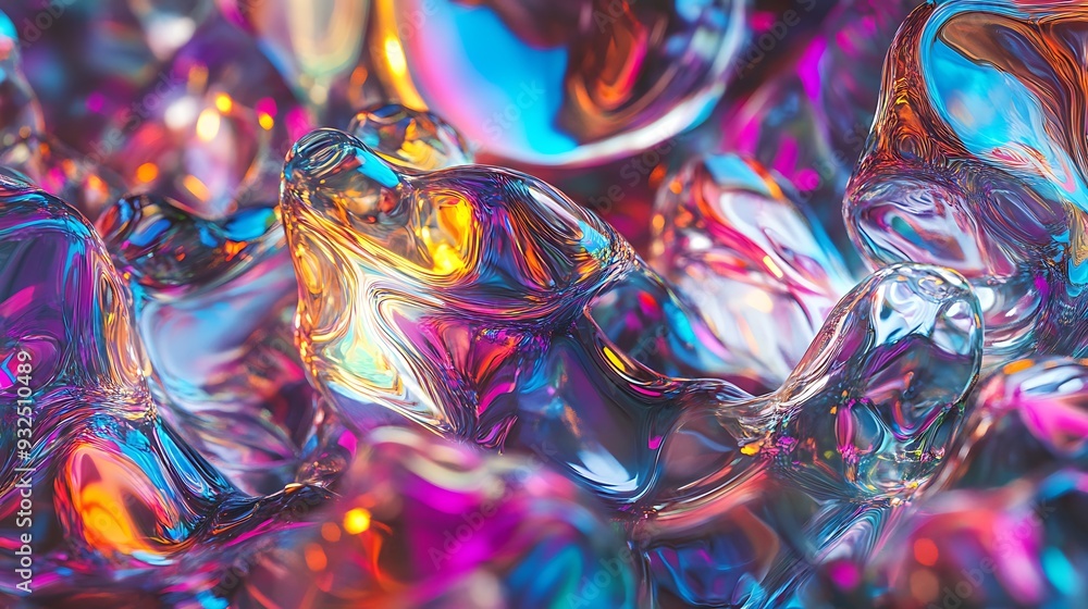 Obraz premium Close-up of abstract iridescent glass texture with vibrant colors.