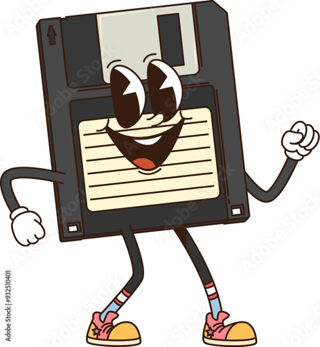 Cartoon groovy computer diskette retro character. Isolated vector vintage anthropomorphic floppy disk personage with a happy face, wearing sneakers, standing with a confident pose, and nostalgic vibes