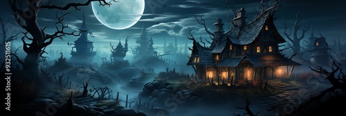Halloween card showing witch cottage dark forest 3D glowing potion bubbling window 2D mist surrounding left side entire left side blank large surrounded soft 2D light of full moon blending perfectly