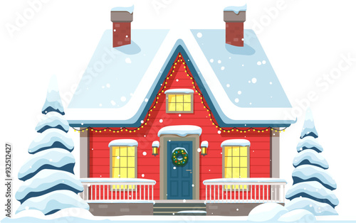 Christmas winter home building facade with snowy roof. Xmas festive town cottage snowy facade, winter holiday house cartoon outdoor scene or Christmas village home isolated vector exterior